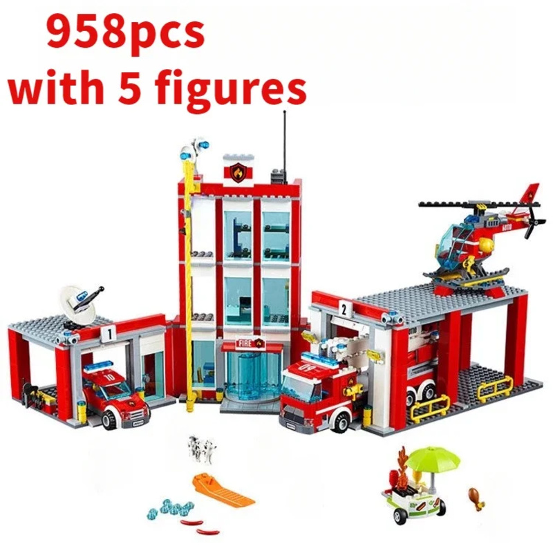 Lego Set Technic - 市消防署ヘリコプタートラックガレージ消防署ビルディングブロックセットレンガ互換性のある60110モデルフェスティバルパーティーギフト